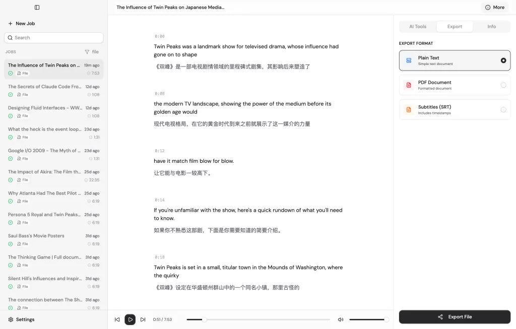 Reedflow Mac app showing a searchable transcript workspace